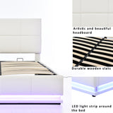 Full Size Tufted Upholstered Platform Bed with Hydraulic Storage System - Faux Leather with LED Lights and USB Charger- White- by Lissie Lou