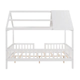 Full Size Wood House Bed with Fence, White