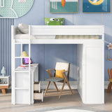 Wood Full Size Loft Bed with Wardrobes and 2-Drawer Desk with Cabinet, White- Online Orders Only