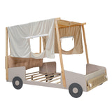 Wood Full Size Car Bed with Pillow, Ceiling Cloth and LED, Natural- Online Orders Only