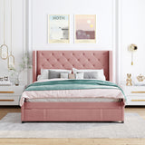 Queen Size Storage Bed Velvet Upholstered Platform Bed with Wingback Headboard and a Big Drawer (Pink)