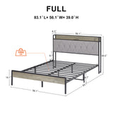 Full Size Bed Frame with Charging Station - Grey- by Lissie Lou- 83.1'' L x 56.1'' W x 39.2'' H