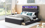 Full Size Upholstered Platform Bed with Storage Headboard, LED, USB Charging and 2 Drawers, Dark Gray