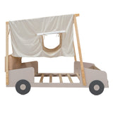 Wood Full Size Car Bed with Pillow, Ceiling Cloth and LED, Natural- Online Orders Only