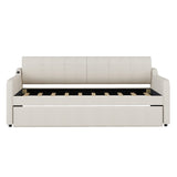 Twin Size Upholstery Daybed with Trundle and USB Charging Design,Trundle can be flat or erected, Beige