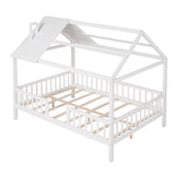 Full Size Wood House Bed with Fence, White