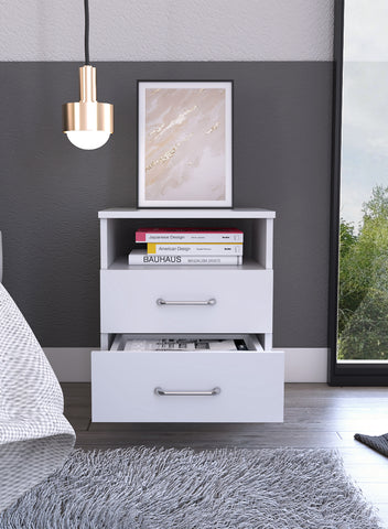 Modern White Nightstand with 2-Drawers and Shelf