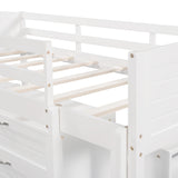 Low Twin Size Loft Bed with Cabinets, Shelves and Slide - White