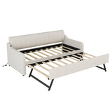 Twin Size Upholstery Daybed with Trundle and USB Charging Design,Trundle can be flat or erected, Beige