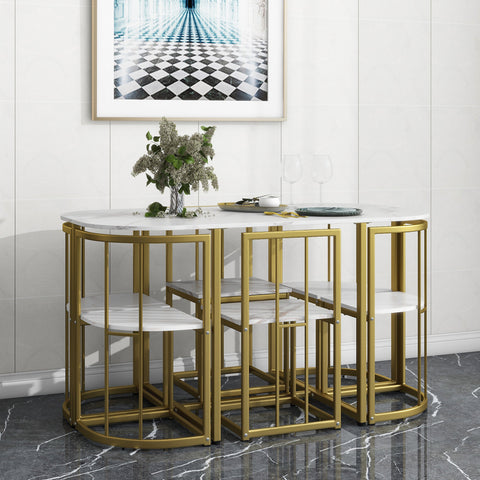 7-Piece Golden and White Compact Faux Marble Modern Dining Set for 6 with Iron Frame by Lissie Lou