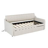 Twin Size Upholstery Daybed with Trundle and USB Charging Design,Trundle can be flat or erected, Beige