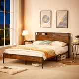 Bed Frame with Charging Station, Queen Size - Rustic Brown- by Lissie Lou