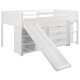 Low Twin Size Loft Bed with Cabinets, Shelves and Slide - White