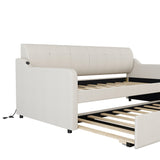 Twin Size Upholstery Daybed with Trundle and USB Charging Design,Trundle can be flat or erected, Beige