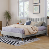 Upholstered Platform Bed Frame with Vertical Channel Tufted Headboard, No Box Spring Needed, Full,Gray- Online Orders Only