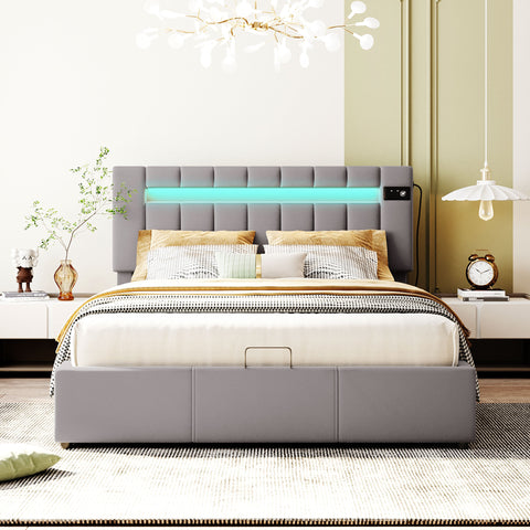 Upholstered Bed Queen Size with LED light, Bluetooth Player and USB Charging, Hydraulic Storage Bed in Gray Velvet Fabric- Online Orders Only