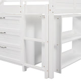 Low Twin Size Loft Bed with Cabinets, Shelves and Slide - White