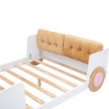 Full Size Car-Shaped Platform Bed with Soft Cushion and Shelves - White