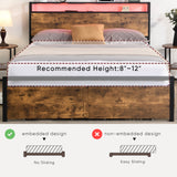 Queen Size Bed Frame with Storage Headboard and 2 Drawers, LED Lights Bed with Charging Station, Metal Platform Bed No Noise, Mattress Foundation Strong Metal Slats Support No Box Spring Needed