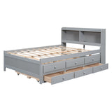 Full Size Bed with USB & Type-C Ports, LED Light, Bookcase Headboard, Trundle, and 3 Storage Drawers - Grey