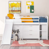 Low Twin Size Loft Bed with Cabinets, Shelves and Slide - White