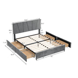 Queen Size Upholstery Platform Bed with Four Drawers on Two Sides, Adjustable Headboard, Grey