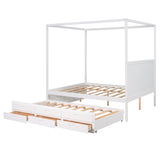 Queen Size Canopy Platform Bed with Twin Size Trundle and Three Storage Drawers,White