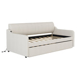 Twin Size Upholstery Daybed with Trundle and USB Charging Design,Trundle can be flat or erected, Beige