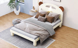 Twin Size Platform Bed with Bear Ears Shaped Headboard and LED, Cream White