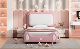 Twin size Upholstered Rabbit-Shape Princess Bed ,Twin Size Platform Bed with Headboard and Footboard,White+Pink