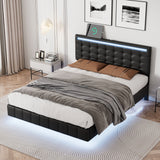 Full Size Floating Bed Frame with LED Lights and USB Charging - Modern Upholstered Platform, Black- by Lissie Lou