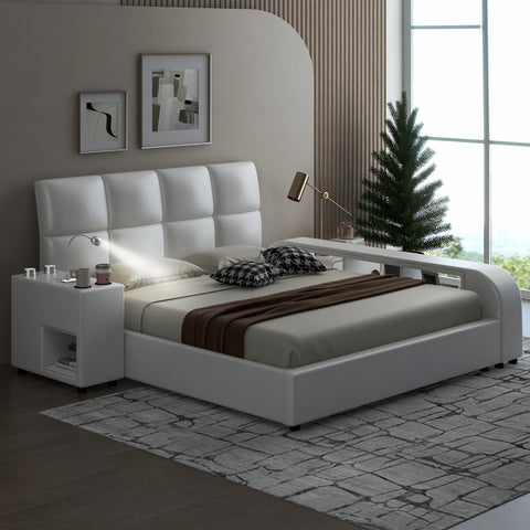 Eclipse Queen Platform Bed - White Upholstered Design with Multimedia Nightstand and Storage by Lissie Lou