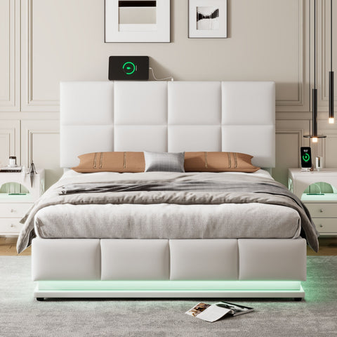 Full Size Tufted Upholstered Platform Bed with Hydraulic Storage System - Faux Leather with LED Lights and USB Charger- White- by Lissie Lou