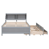 Full Size Bed with USB & Type-C Ports, LED Light, Bookcase Headboard, Trundle, and 3 Storage Drawers - Grey