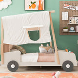 Wood Full Size Car Bed with Pillow, Ceiling Cloth and LED, Natural- Online Orders Only