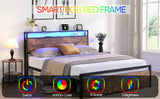 Queen Size Bed Frame with Storage Headboard and 2 Drawers, LED Lights Bed with Charging Station, Metal Platform Bed No Noise, Mattress Foundation Strong Metal Slats Support No Box Spring Needed