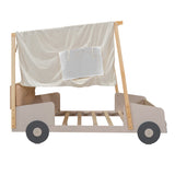 Wood Full Size Car Bed with Pillow, Ceiling Cloth and LED, Natural- Online Orders Only