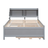 Full Size Bed with USB & Type-C Ports, LED Light, Bookcase Headboard, Trundle, and 3 Storage Drawers - Grey