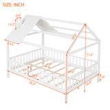 Full Size Wood House Bed with Fence, White