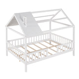 Full Size Wood House Bed with Fence, White