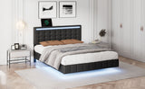 Full Size Floating Bed Frame with LED Lights and USB Charging - Modern Upholstered Platform, Black- by Lissie Lou