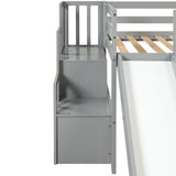 Loft Bed with Staircase, Storage, Slide, Twin size, Full-length Safety Guardrails, No Box Spring Needed, Grey