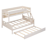 Wood Twin over Full Bunk Bed with Storage Shelves and Twin Size Trundle, Cream- Online Orders Only