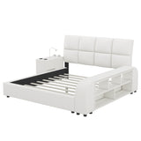 Eclipse Queen Platform Bed - White Upholstered Design with Multimedia Nightstand and Storage by Lissie Lou