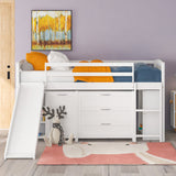 Low Twin Size Loft Bed with Cabinets, Shelves and Slide - White