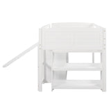 Low Twin Size Loft Bed with Cabinets, Shelves and Slide - White