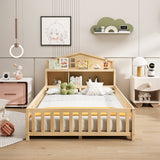 Explore Full Montessori Floor Bed - Natural Wood Design with Bookcases, Blackboard, and Guard Rails by Lissie Lou