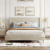 Queen Size Corduroy Platform Bed with Metal Legs, Beige