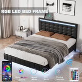 Full Size Floating Bed Frame with LED Lights and USB Charging - Modern Upholstered Platform, Black- by Lissie Lou