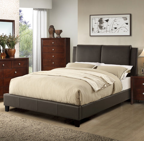 California King Size Bed with Modern Two-Panel Faux Leather Upholstered Headboard - Brown- by Lissie Lou